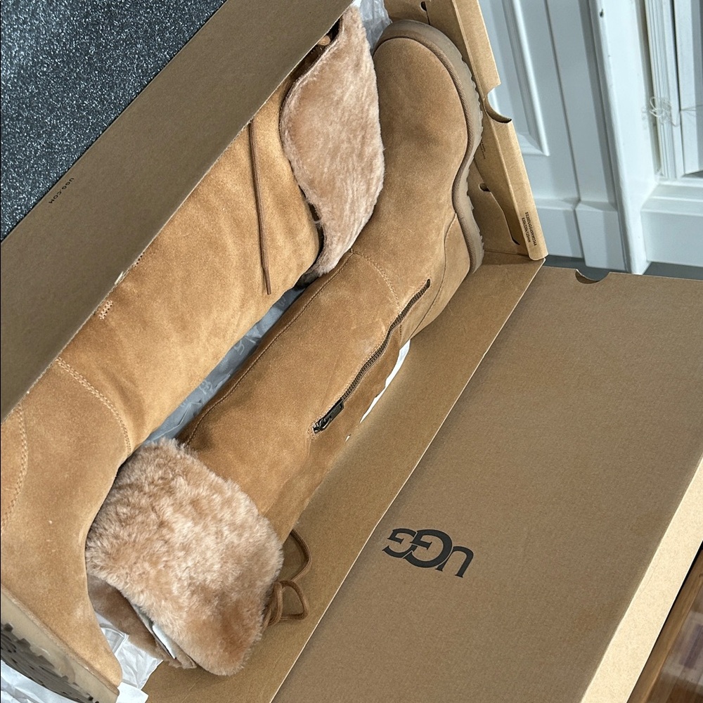 UGG Tan Over the Knee Boots with Fur Trim